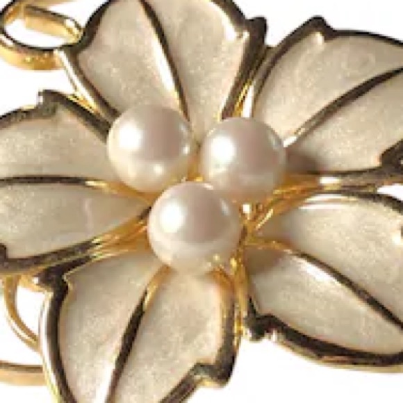 Vintage Brooch Ivory Enamel Pearl Gold Gilt MCM Estate Jewelry Flower Bud Pin - Picture 2 of 15